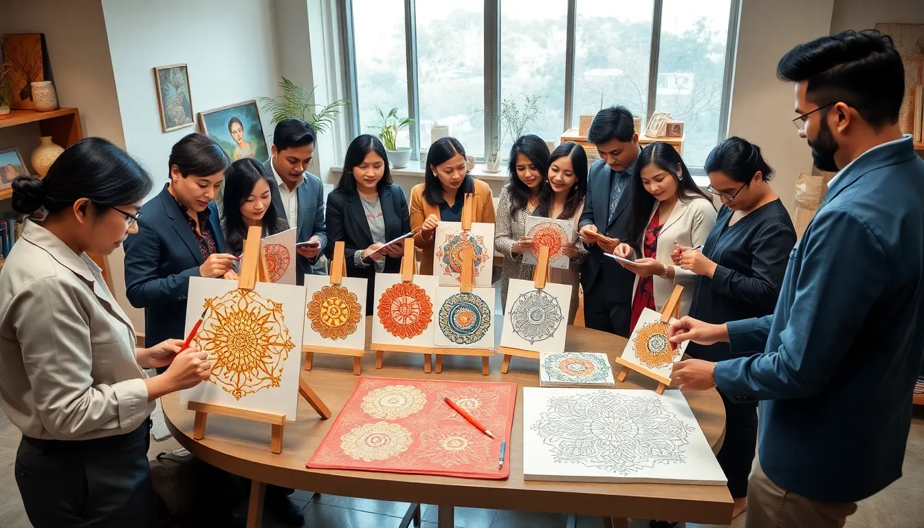 diverse artists creating मटकआ art in a modern workspace.